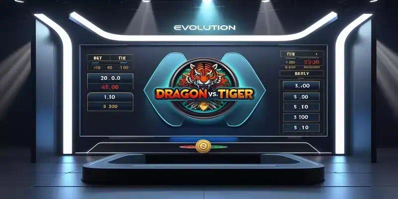 드래곤 타이거의 간단한 게임 방식과 진짜 딜러의 현장감, 높은 RTP를 보여주는 특징 화면