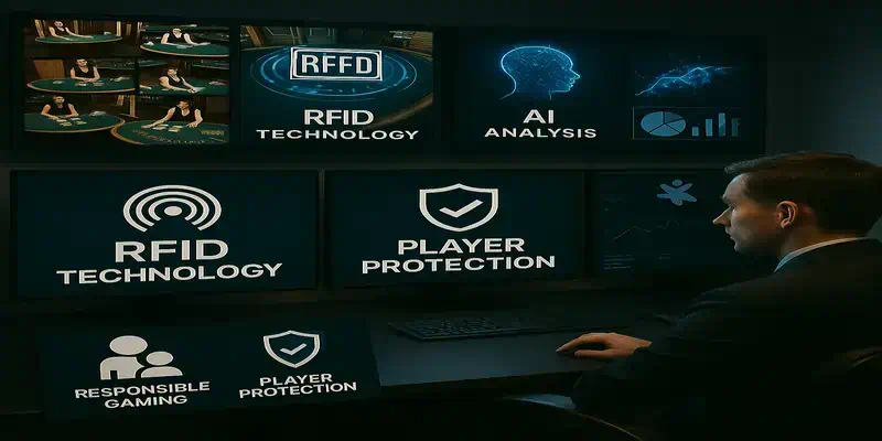 안전하고 책임감 있는 게임 환경 이미지 - RFID + AI 통합 보안 시스템, 99.99% 게임 공정성, 플레이어 보호 도구, 24시간 상담 지원