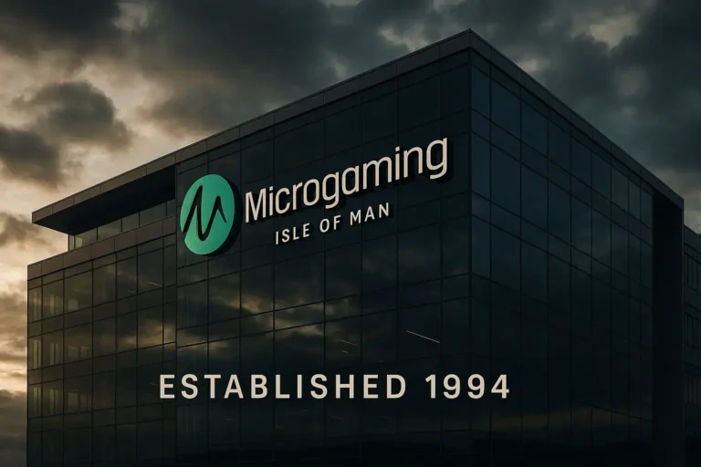 마이크로게이밍 회사 본사 건물과 30년 역사를 보여주는 기업 소개 이미지, 1994년 설립부터 2025년까지의 온라인 카지노 업계 선구자적 발전 과정