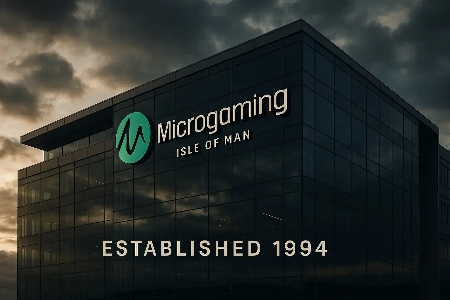 마이크로게이밍 회사 본사 건물과 30년 역사를 보여주는 기업 소개 이미지, 1994년 설립부터 2025년까지의 온라인 카지노 업계 선구자적 발전 과정