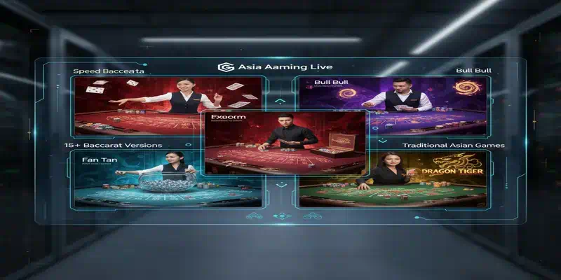 아시아게이밍 대표 게임과 플랫폼 라인업 이미지, VIP 바카라, 스피드 바카라, 멀티플레이 시스템, 모바일 전용 게임인 원핸드 바카라와 퀵 식보 등 다양한 게임 인터페이스와 기능을 시각화한 구성도