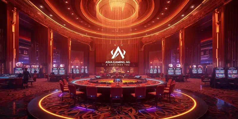 아시아게이밍 라이브 카지노 스튜디오와 게임 인터페이스를 보여주는 개념도, 필리핀 마닐라 스튜디오에서 실시간으로 송출되는 고화질 게임 영상과 다양한 아시아 전통 게임이 포함됨