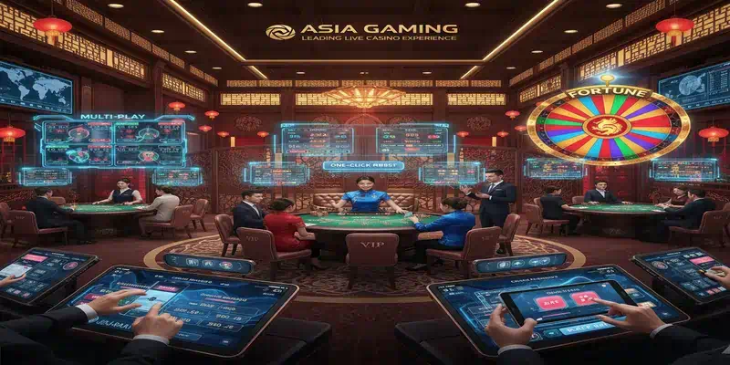 아시아게이밍 라이브 카지노 대표 게임 이미지, 다양한 바카라 버전과 아시아 전통 게임 불불, 판탄, 드래곤 타이거 테이블과 딜러, 게임 인터페이스 화면을 보여주는 구성도