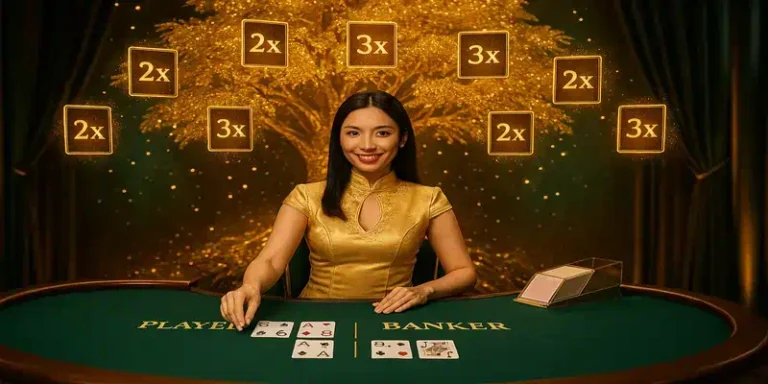 에볼루션 번영의 나무 바카라 메인 화면, 황금 나무에서 떨어지는 8장 번영 카드와 최대 3,645배 배당 시스템을 보여주는 이미지