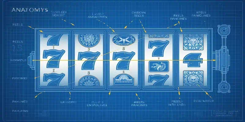 슬롯머신 기초 구조 설명도, 5개 릴과 심볼, 페이라인, 스핀 메커니즘을 보여주는 교육용 다이어그램