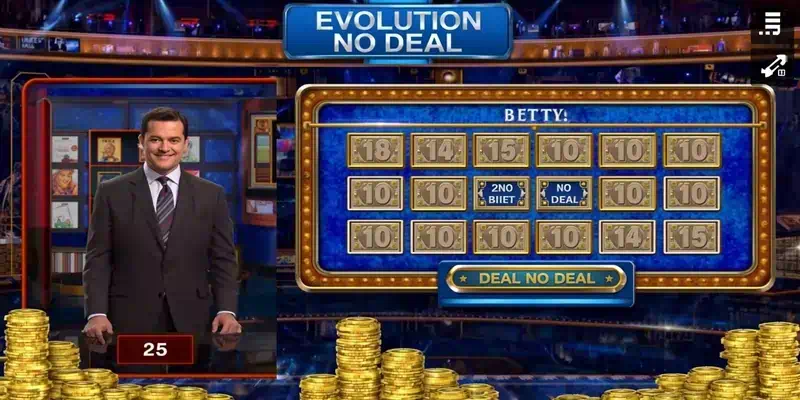 에볼루션 딜 오어 노딜 게임 인터페이스 화면, 베팅 옵션과 딜노딜 버튼이 포함된 사용자 친화적 UI 디자인