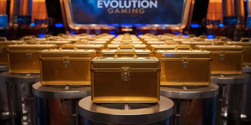 에볼루션 딜 오어 노딜 16개 상자 시스템, 1번부터 16번까지 번호가 표시된 황금 브리프케이스 배열