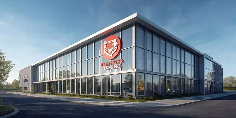 맨섬의 현대적 유리 외관 건물로, 온라인 카지노 게임 개발사 레드 타이거 게이밍 본사 전경