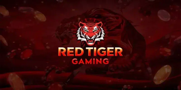 레드 타이거 게이밍 로고와 화려한 온라인 카지노 그래픽 배경, 역동적이고 현대적인 느낌