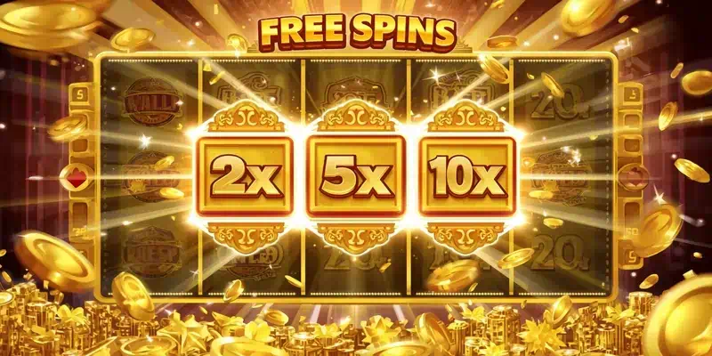 슬롯 보너스 기능 설명, 프리스핀 15회, 멀티플라이어 5x, 리스핀, 리트리거 메커니즘을 보여주는 게임 화면