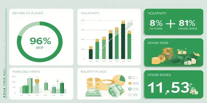 슬롯 수익률 지표 설명 차트, RTP 96% 환수율, 볼래틸리티 위험도, 하우스엣지 4% 계산을 보여주는 데이터 시각화