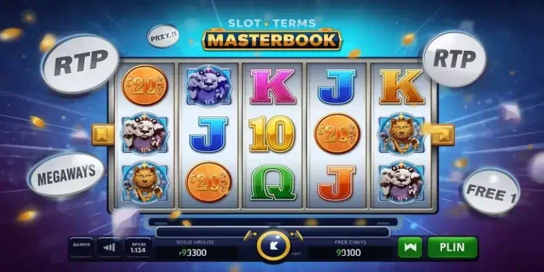 슬롯 용어 마스터북 메인 이미지, RTP 96.5%, 메가웨이즈 117,649가지 방법이 표시된 온라인 슬롯 화면과 핵심 용어들을 보여주는 교육용 가이드
