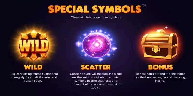 슬롯 특수 심볼 종류 설명, 와일드 대체 기능, 스캐터 보너스 발동, 보너스 심볼 미니게임을 보여주는 기능별 가이드