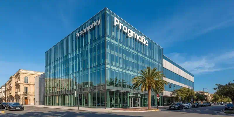 프라그마틱 플레이 몰타 본사 건물 이미지, 세인트 줄리안스 소재 현대적 오피스와 회사 로고가 포함된 기업 소개 사진