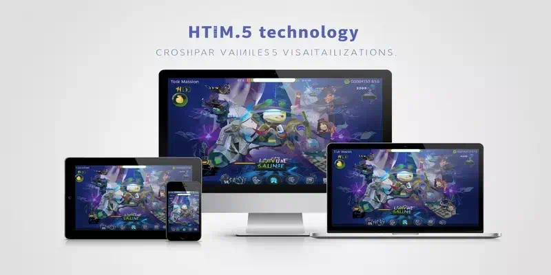 프라그마틱 플레이 기술력 소개 이미지, HTML5 멀티플랫폼 지원과 모듈화된 개발 시스템을 보여주는 기술 개념도