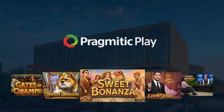 프라그마틱 플레이 회사 소개 메인 이미지, 몰타 본사 건물과 게이트 오브 올림푸스, 스위트 보난자 등 대표 슬롯게임 화면이 조합된 기업 브랜딩 배너