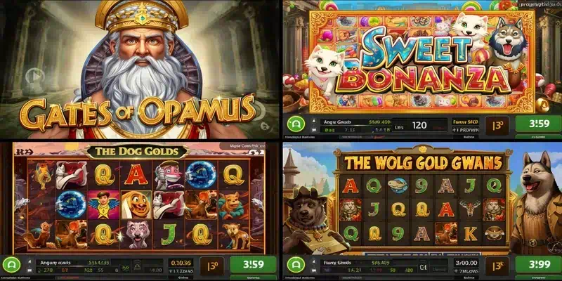 프라그마틱 플레이 대표 게임 모음 이미지, 게이트 오브 올림푸스, 스위트 보난자, 도그 하우스, 울프 골드 실제 게임 화면 모음