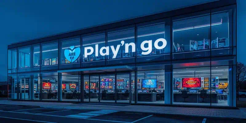 플레이앤고 2025년 글로벌 아이게이밍 선도 기업 소개 이미지, 스웨덴 본사와 모바일 슬롯게임 포트폴리오를 보여주는 종합 안내도