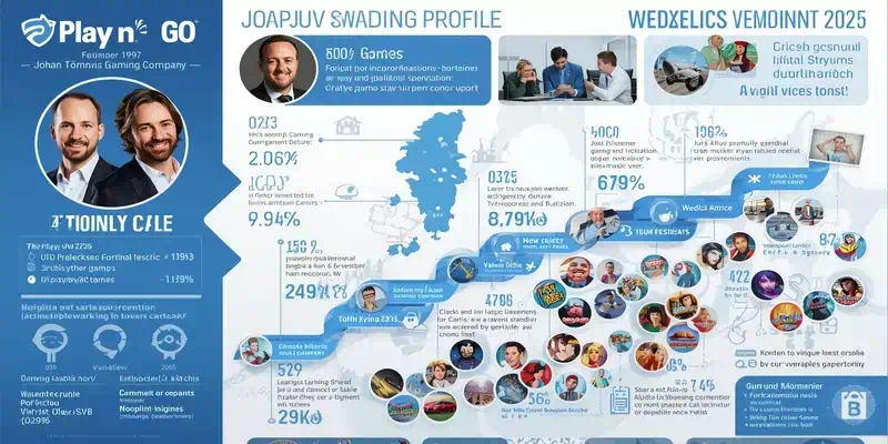 플레이앤고 기업 소개 인포그래픽, 1997년 설립부터 2025년까지 주요 연혁과 창립자 정보, 400개 게임 포트폴리오 현황을 보여주는 기업 프로필