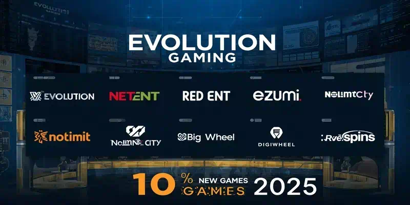 2025년 에볼루션 그룹 8개 브랜드 신작 게임 출시 현황, Evolution·NetEnt·Red Tiger·Ezugi·Nolimit City·Big Time Gaming·DigiWheel·Livespins 로고와 110개 이상 신규 게임 라인업
