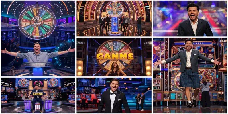 2025년 에볼루션 라이브 게임쇼 신작 라인업, 아이스 피싱·레드 도어 룰렛·파이어볼 룰렛·마블 레이스·워 게임 스튜디오 전경과 머니휠·룰렛·레이싱 트랙이 보이는 화려한 게임쇼 무대