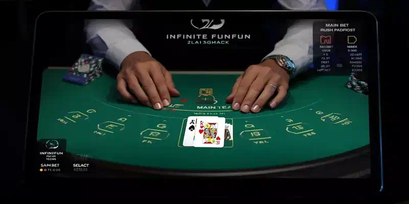 에볼루션 인피니트 펀펀21 블랙잭 게임 인터페이스 화면, 태블릿에 표시된 라이브 딜러와 베팅 영역, 메인 베팅과 사이드 베팅 옵션이 명확히 구분된 UI