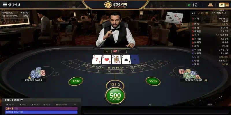 에볼루션 인피니트 펀펀21 블랙잭 게임 화면 전체 구성도, 딜러 영상·베팅 인터페이스·게임 통계 패널이 표시된 완전한 레이아웃