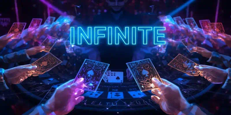 에볼루션 인피니트 시스템 개념도, 무제한 플레이어가 동시 참여하는 기술 시각화, 홀로그램 INFINITE 텍스트와 다중 독립 핸드 표현