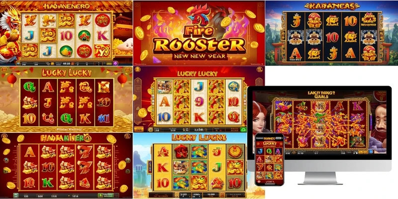 하바네로 대표 슬롯 게임 포트폴리오, 파이어 로스터·럭키 럭키 등 아시아 테마 게임 화면, HTML5 멀티 플랫폼 반응형 디자인