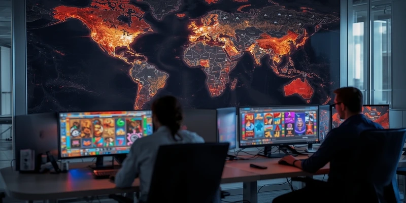 하바네로 본사 사무실 내부 모습, 슬롯 게임 개발팀이 아시아 시장 맞춤형 게임 디자인 작업 중, 글로벌 시장 확장 전략 회의 장면